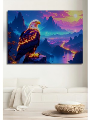 Neon Işıltılı Kartal Manzarası Yağlı Boya Görünümlü Dekoratif Ahşap Ev/işyeri/ofis Kare Tablo