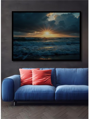 Çerçeve Görünümlü Ihtişamlı Okyanus Gün Batımı Yağlı Boya Görünümlü Dekoratif Ahşap Ofis Kare Tablo