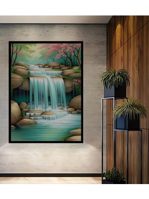 Çerçeve Görünümlü Sulu Boya Görünümlü Sakin Şelale Manzarası Dekoratif Ahşap Işyeri/ofis Kare Tablo