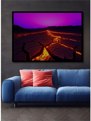 Çerçeve Görünümlü Lav Akıntılı Çöl Manzarası Yağlı Boya Görünümlü Ofis Dekoratif Ahşap Kare Tablo