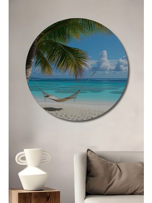 Turkuaz Deniz Palmiye Ağacı Hamak Rüyası Dekoratif Ahşap Ev/işyeri/ofis Yuvarlak Tablo