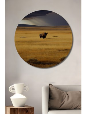 Sulu Boya Görünümlü Bizon Bozkır Manzarası Dekoratif Ahşap Dekoratif Ev/işyeri/ofis Yuvarlak Tablo
