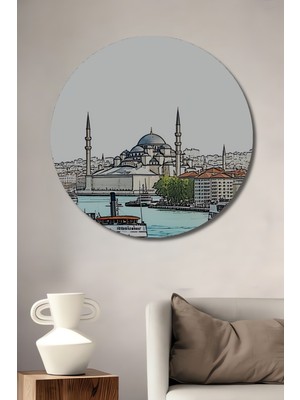 Istanbul Silüeti Kara Kalem Görünümlü Dekoratif Ahşap Ev/işyeri/ofis Yuvarlak Tablo