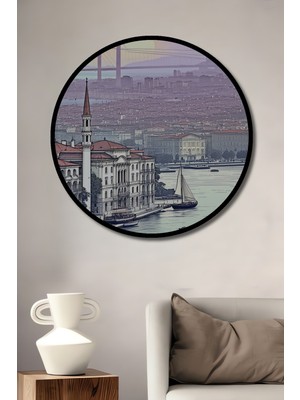 Çerçeve Görünümlü Istanbul Boğazı Nostaljik Kara Kalem Dekoratif Ahşap Işyeri/ofis Yuvarlak Tablo