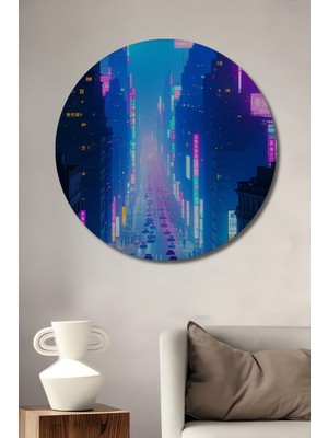 Neon Işıklar Şehri Yağlı Boya Görünümlü Modern Sanat Dekoratif Ahşap Ev/işyeri/ofis Yuvarlak Tablo