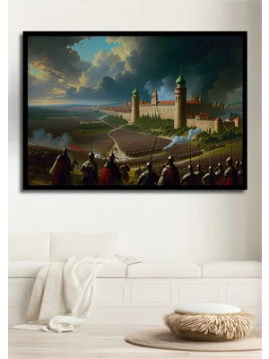 Çerçeve Görünümlü Muhteşem Kale Ordusu Yağlı Boya Görünümlü Dekoratif Ahşap Işyeri/ofis Kare Tablo
