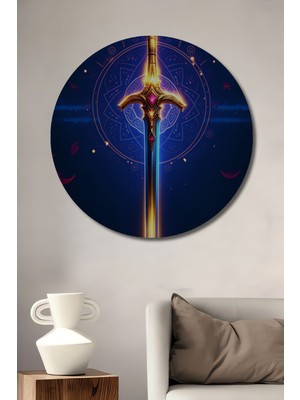 Mistikal Kılıç ve Mandala Yağlı Boya Görünümlü Dekoratif Ahşap Ev/işyeri/ofis Yuvarlak Tablo