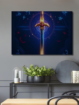 Mistikal Kılıç ve Mandala Yağlı Boya Görünümlü Dekoratif Ahşap Ev/işyeri/ofis Kare Tablo