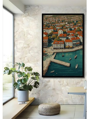 Çerçeve Görünümlü Turkuaz Deniz Kıyısı Yağlı Boya Görünümlü Dekoratif Ahşap Işyeri/ofis Kare Tablo