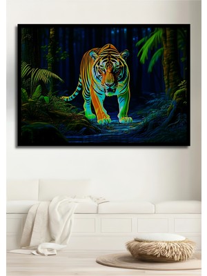 Çerçeve Görünümlü Neon Kaplan Orman Yağlı Boya Görünümlü Dekoratif Ahşap Ev/işyeri/ofis Kare Tablo