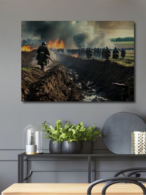 Siperde Yürüyen Askerler Yağlı Boya Görünümlü Dekoratif Ahşap Ev/işyeri/ofis Kare Tablo