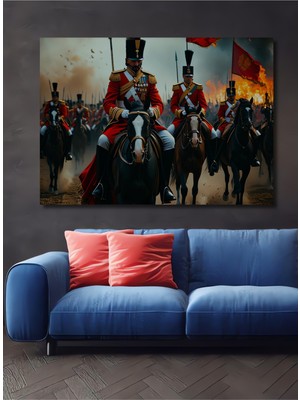 Asil Atlar ve Kızıl Askerler Yağlı Boya Görünümlü Ev/işyeri/ofis Dekoratif Ahşap Kare Tablo