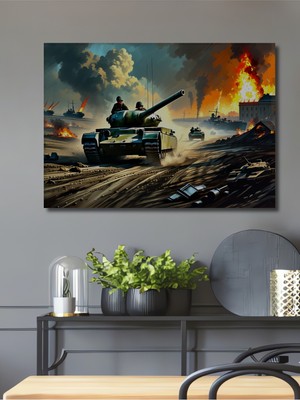 Alevler Içinde Tanklar Yağlı Boya Görünümlü Dekoratif Ahşap Ev/işyeri/ofis Kare Tablo
