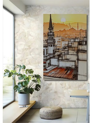 Istanbul Silüeti Kara Kalem Görünümlü Dekoratif Ahşap Ev/işyeri/ofis Kare Tablo