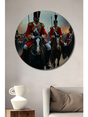 Asil Atlar ve Kızıl Askerler Yağlı Boya Görünümlü Ev/işyeri/ofis Dekoratif Ahşap Yuvarlak Tablo