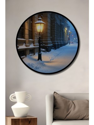 Çerçeve Görünümlü Kış Masalı Şehir Manzarası Yağlı Boya Görünümlü Ahşap Ofis Yuvarlak Tablo