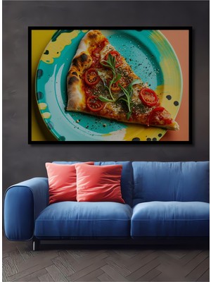 Çerçeve Görünümlü Iştah Açan Pizza Dilimi Yağlı Boya Görünümlü Dekoratif Ahşap Ofis Kare Tablo