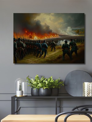 Alevler Içinde Cephe Yağlı Boya Görünümlü Dekoratif Ahşap Ev/işyeri/ofis Kare Tablo