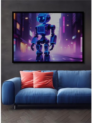 Çerçeve Görünümlü Neon Şehirde Robot Portresi Dekoratif Ahşap Ev/işyeri/ofis Kare Tablo