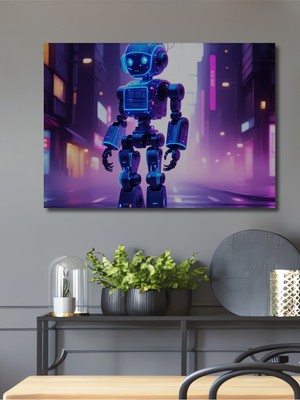Neon Şehirde Robot Portresi Dekoratif Ahşap Ev/işyeri/ofis Kare Tablo