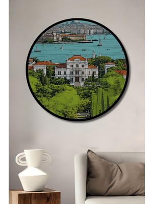 Çerçeve Görünümlü Istanbul Boğazı Sarayı Kara Kalem Görünümlü Dekoratif Ahşap Ofis Yuvarlak Tablo