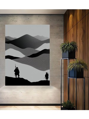 Siyah Beyaz Dağlar ve Askerler Minimalist Ev/işyeri/ofis Dekoratif Ahşap Kare Tablo