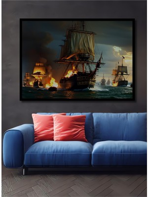 Çerçeve Görünümlü Alevler Içindeki Kadırgalar Yağlı Boya Görünümlü Dekoratif Ahşap Ofis Kare Tablo