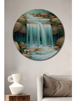 Sulu Boya Görünümlü Sakin Şelale Manzarası Dekoratif Ahşap Ev/işyeri/ofis Yuvarlak Tablo
