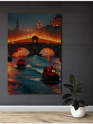 Köprü Altında Balıkçı Gemileri Yağlı Boya Görünümlü Dekoratif Ahşap Ev/işyeri/ofis Kare Tablo
