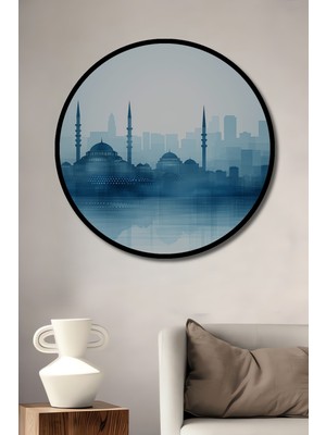 Çerçeve Görünümlü Istanbul Silüeti Sulu Boya Görünümlü Dekoratif Ahşap Işyeri/ofis Yuvarlak Tablo