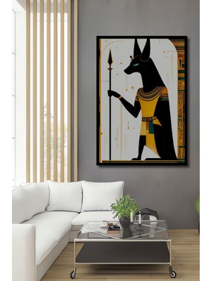 Çerçeve Görünümlü Anubis Mısır Tanrısı Yağlı Boya Görünümlü Dekoratif Ahşap Işyeri/ofis Kare Tablo