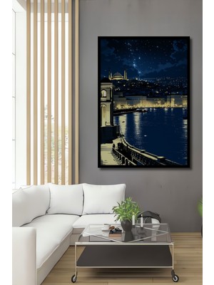Çerçeve Görünümlü Istanbul Gece Mavi Yıldızlar Dekoratif Ahşap Ev/işyeri/ofis Kare Tablo