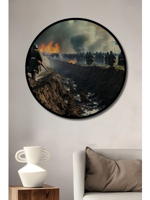 Çerçeve Görünümlü Siperde Yürüyen Askerler Yağlı Boya Görünümlü Dekoratif Ahşap Ofis Yuvarlak Tablo