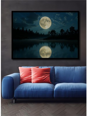 Çerçeve Görünümlü Göl Aynasında Dolunay Manzarası Dekoratif Ahşap Ev/işyeri/ofis Kare Tablo