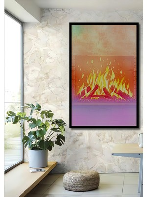 Çerçeve Görünümlü Şömine Ateşi Yağlı Boya Görünümlü Dekoratif Ahşap Dekoratif Ofis Kare Tablo