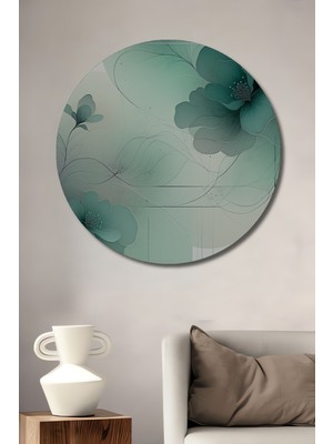 Turkuaz Çiçekler Sulu Boya Görünümlü Dekoratif Ahşap Ev/işyeri/ofis Yuvarlak Tablo