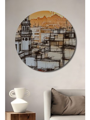 Istanbul Silüeti Kara Kalem Görünümlü Dekoratif Ahşap Ev/işyeri/ofis Yuvarlak Tablo