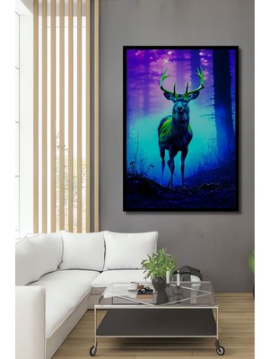 Çerçeve Görünümlü Neon Ormanındaki Ihtişamlı Geyik Yağlı Boya Görünümlü Ahşap Ofis Kare Tablo
