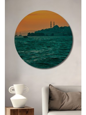Gün Batımı Istanbul Silüeti Yağlı Boya Görünümlü Dekoratif Ahşap Ev/işyeri/ofis Yuvarlak Tablo