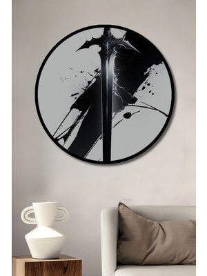 Çerçeve Görünümlü Epik Kılıç Siyah Beyaz Çizim Sanatı Dekoratif Ahşap Ev/işyeri/ofis Yuvarlak Tablo
