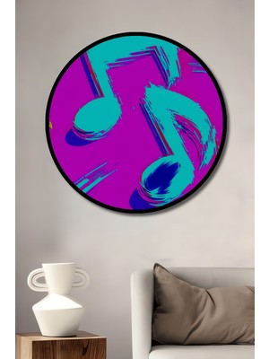 Çerçeve Görünümlü Neon Müzik Notaları Yağlı Boya Görünümlü Dekoratif Ahşap Ofis Yuvarlak Tablo