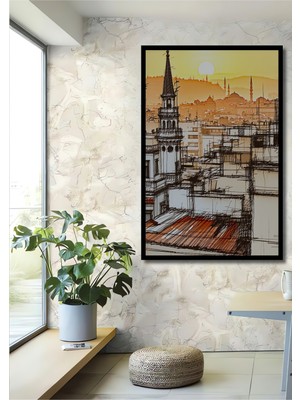 Çerçeve Görünümlü Istanbul Silüeti Kara Kalem Görünümlü Dekoratif Ahşap Ev/işyeri/ofis Kare Tablo
