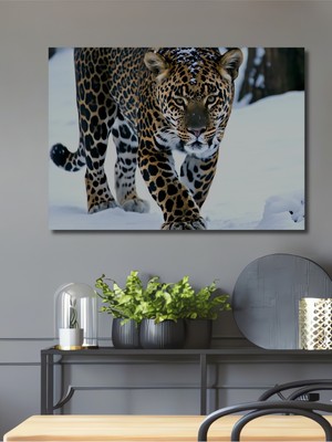 Kar Leoparı Kış Manzarası Yağlı Boya Görünümlü Dekoratif Ahşap Ev/işyeri/ofis Kare Tablo