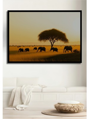 Çerçeve Görünümlü Sulu Boya Görünümlü Afrika Elefantları Işyeri/ofis Dekoratif Ahşap Kare Tablosu