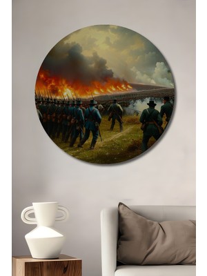 Alevler Içinde Cephe Yağlı Boya Görünümlü Dekoratif Ahşap Ev/işyeri/ofis Yuvarlak Tablo