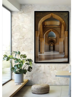 Çerçeve Görünümlü Altın Varaklı Cami Ihtişamı Yağlı Boya Görünümlü Dekoratif Ahşap Ofis Kare Tablo