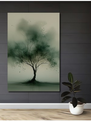 Yeşil Tonlarda Sulu Boya Görünümlü Ağaç Manzarası Dekoratif Ahşap Ev/işyeri/ofis Kare Tablo
