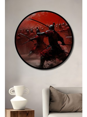 Çerçeve Görünümlü Kızıl Samuraylar Yağlı Boya Görünümlü Dekoratif Ahşap Işyeri/ofis Yuvarlak Tablo