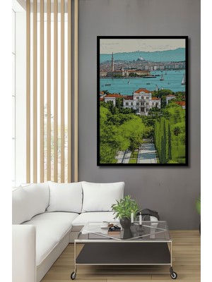 Çerçeve Görünümlü Istanbul Boğazı Sarayı Kara Kalem Görünümlü Dekoratif Ahşap Ofis Kare Tablo