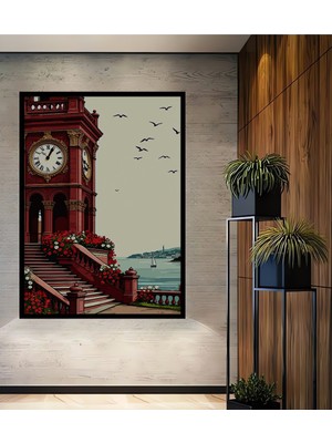 Çerçeve Görünümlü Kırmızı Saat Kulesi Çiçek Bahçesi Manzarası Çizim Ofis Dekoratif Ahşap Kare Tablo